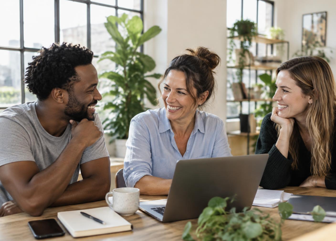 Three entrepreneurs sharing ideas and laughing around a laptop