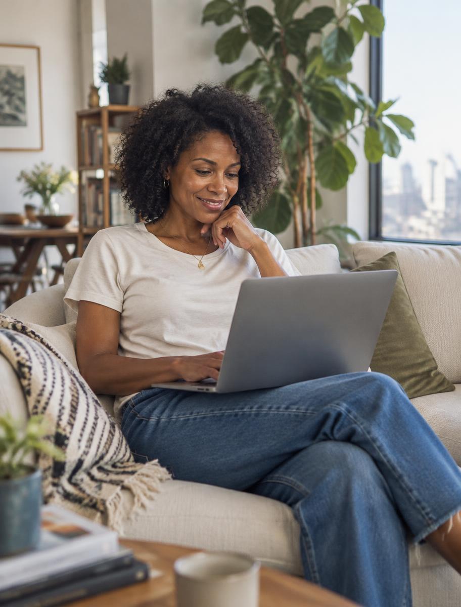 Woman comfortably working from her sofa at home