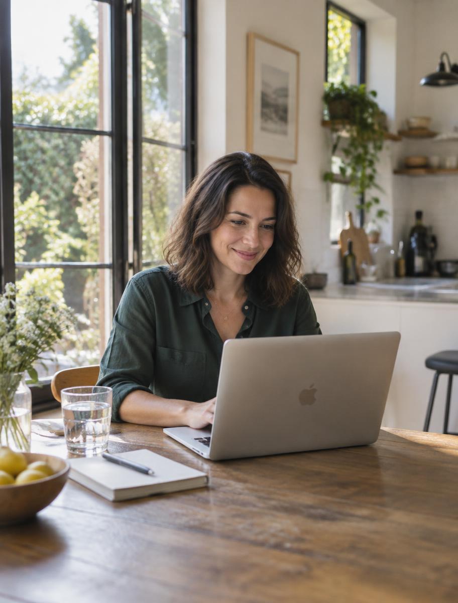 Woman building her business at a bright kitchen table