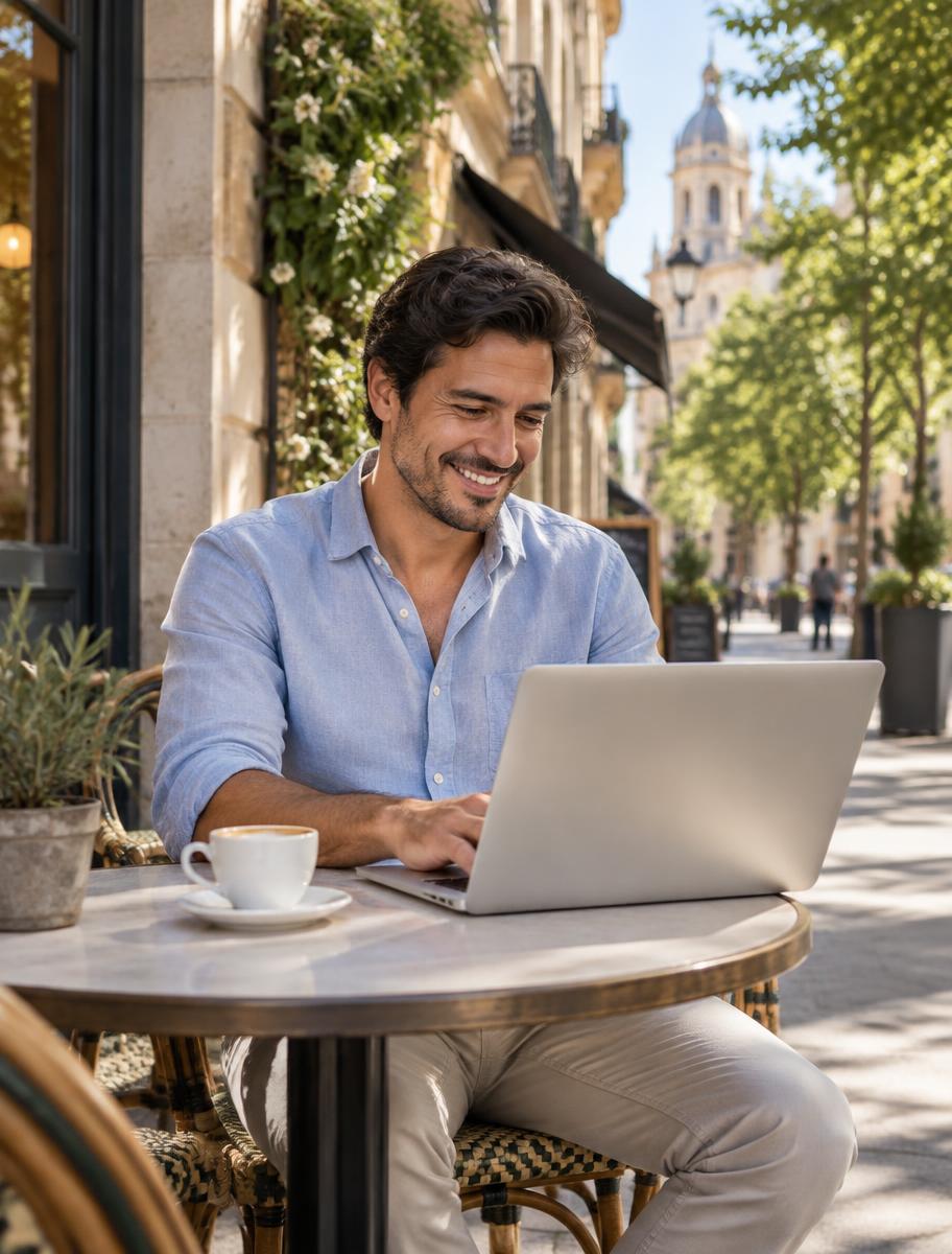 Man working on his laptop at a sunlit sidewalk café
